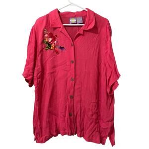 CM SHAPES Women Size 3X Button Down Short Sleeve Shirt Embroidered Colorful City